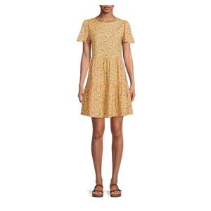 Gently worn Time&Tru Printed Dress Short Sleeve Knee Length Yellow Floral XL